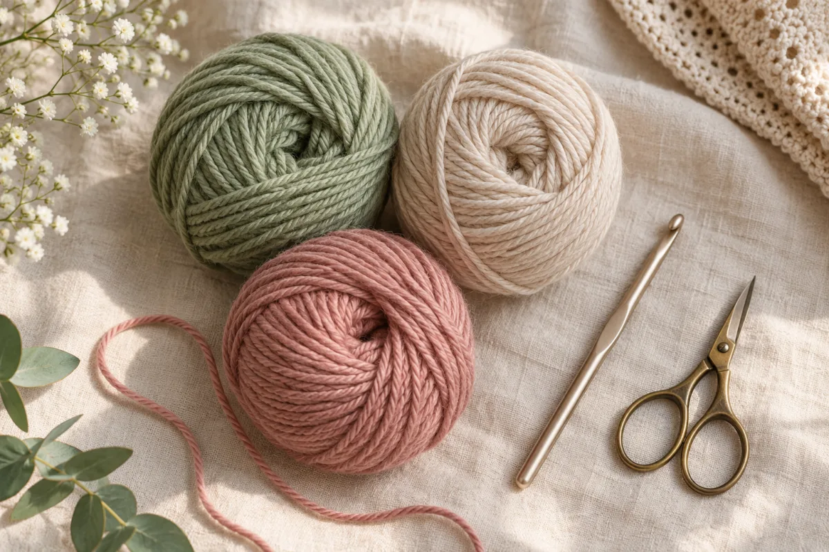 Light-coloured yarn balls with a crochet hook and scissors on cream linen