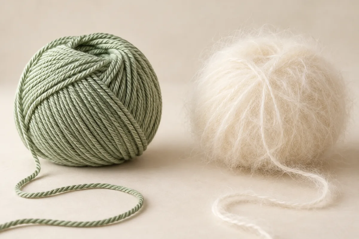 Smooth sage yarn beside fluffy ivory yarn, illustrating different surface textures